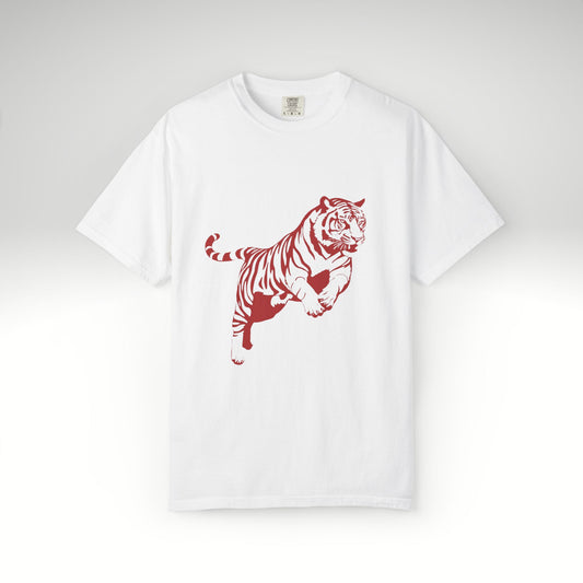 Red Running Tiger T-Shirt – Minimal Striped Tiger Graphic Tee | Heritage Streetwear